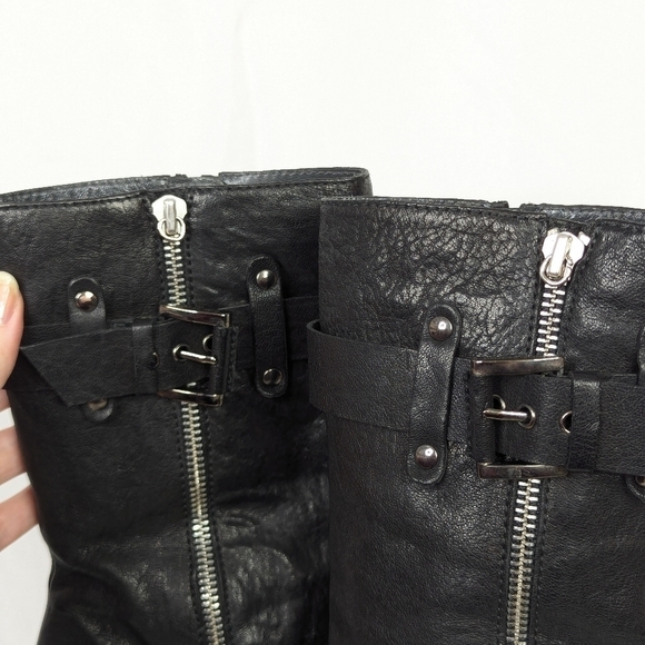 Stuart Weitzman Black Leather Heeled Midcalf Moto Boots - Picture 7 of 9